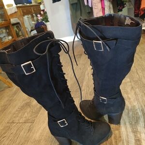 Women's Black Lace-Up Mid Heel Knee Boots Size 8 New